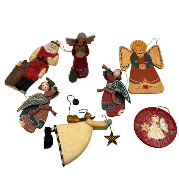 Vintage Lot 7 Christmas Decor Tree Ornaments Wooden Resin Angels Primitive - Picture 1 of 9